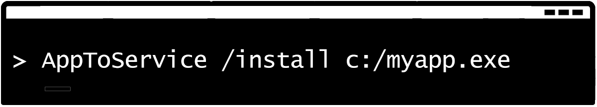 AppToService is a Windows Console Application that lets you create services in a snap at the command line (CMD)