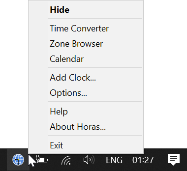 Horas hides in the system tray