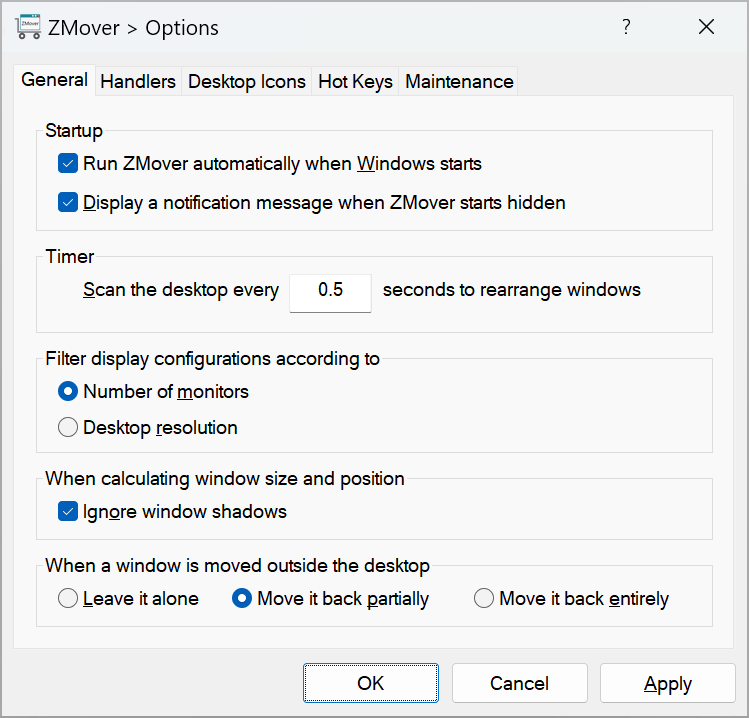 ZMover Options window Zmover options to rearrange windows on the desktop and keep them at the same spot