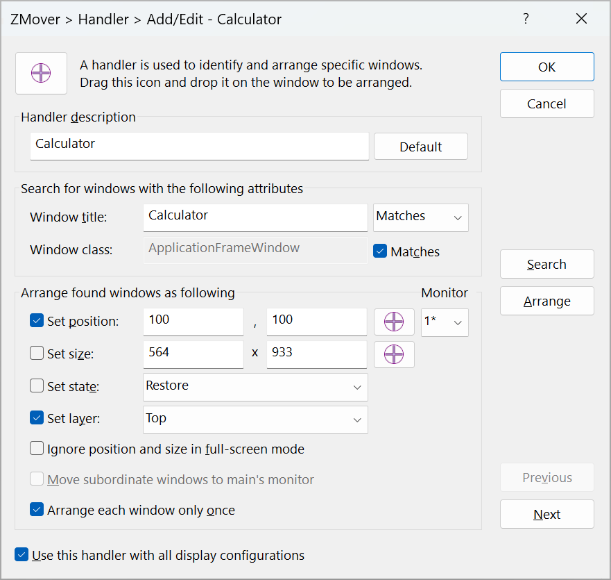 ZMover handler properties Zmover window filtering, moving and resizing